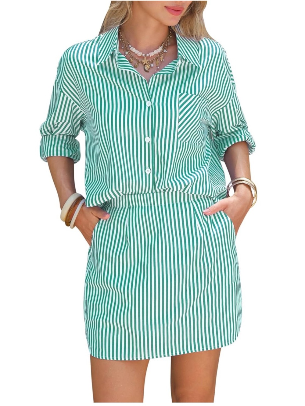 [Never Worn] Striped Green Skirt & Shirt Set